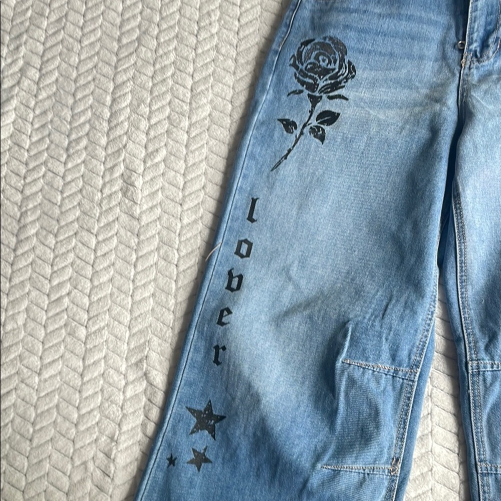 Playboy Women's Blue Graphic Baggy Jeans Sz 9 - Picture 3 of 12